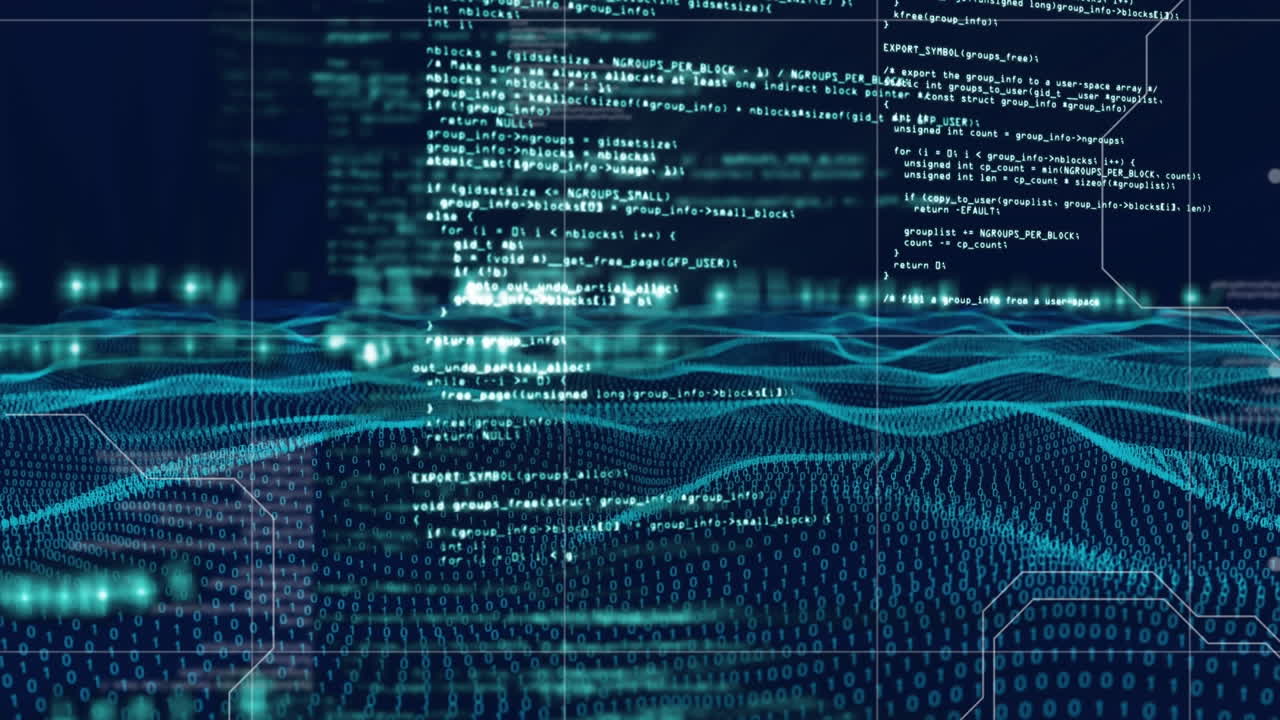 Animation of data processing over mesh green waving lines