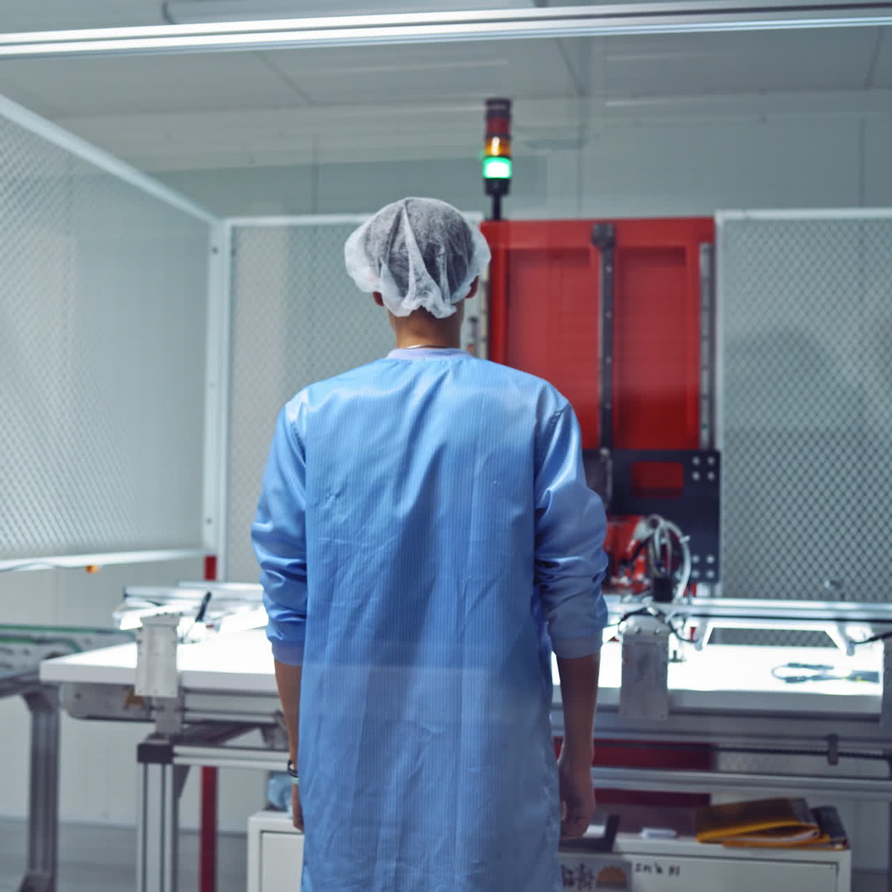 Automated industrial equipment. Worker controls production process in a modern plant. Interior of a robotic factory.