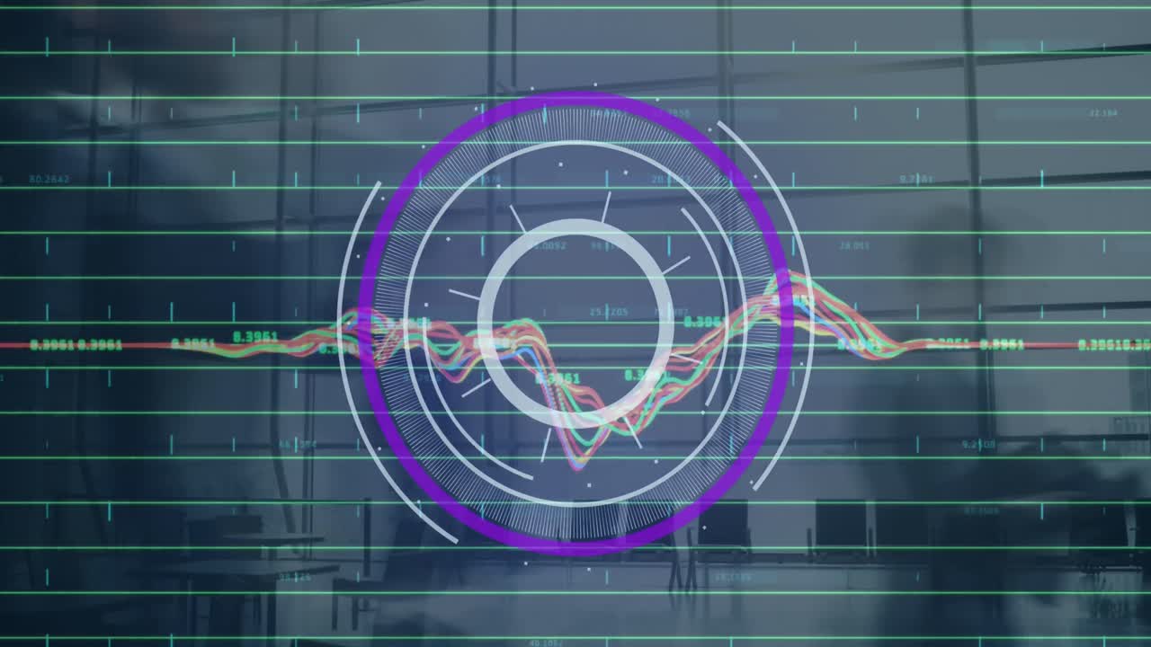 Animation of round scanner and financial data processing over time-lapse of people walking at office