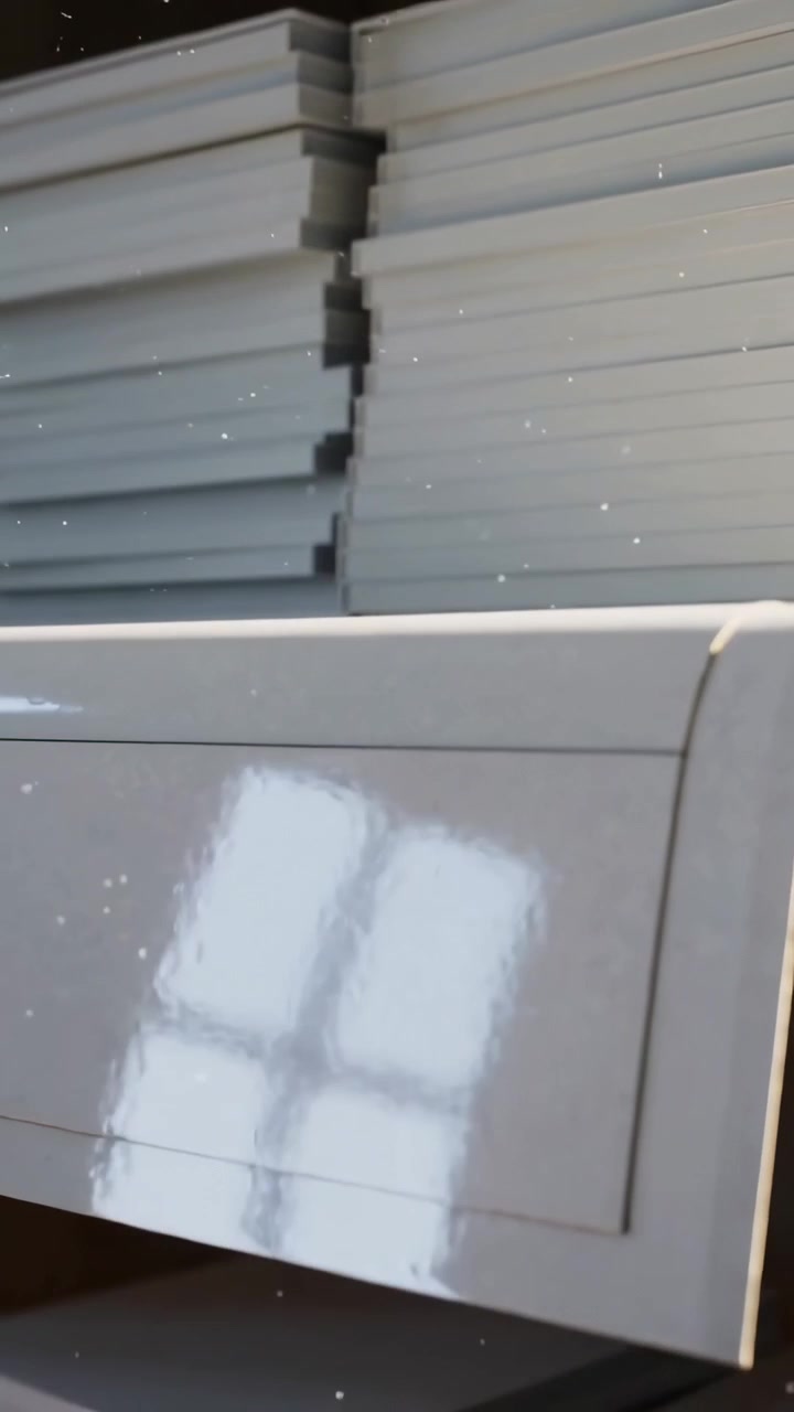 Video verticale: La telecamera si allontana rivelando un pannello a doghe curvo in un'officina, mostrando un rullo e polvere.