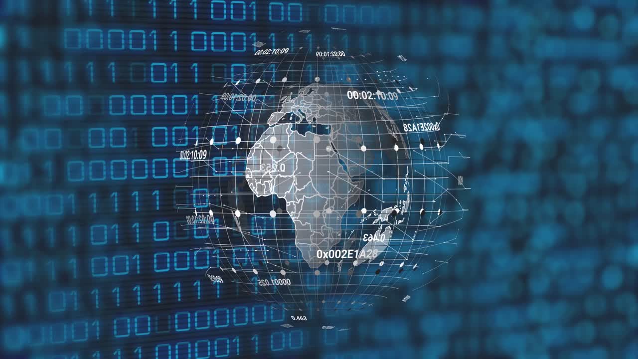 Animation of globe and binary code on black background