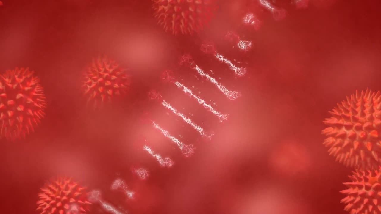 animación de la cadena de adn sobre células 3d covid 19 flotando en un fondo rojo