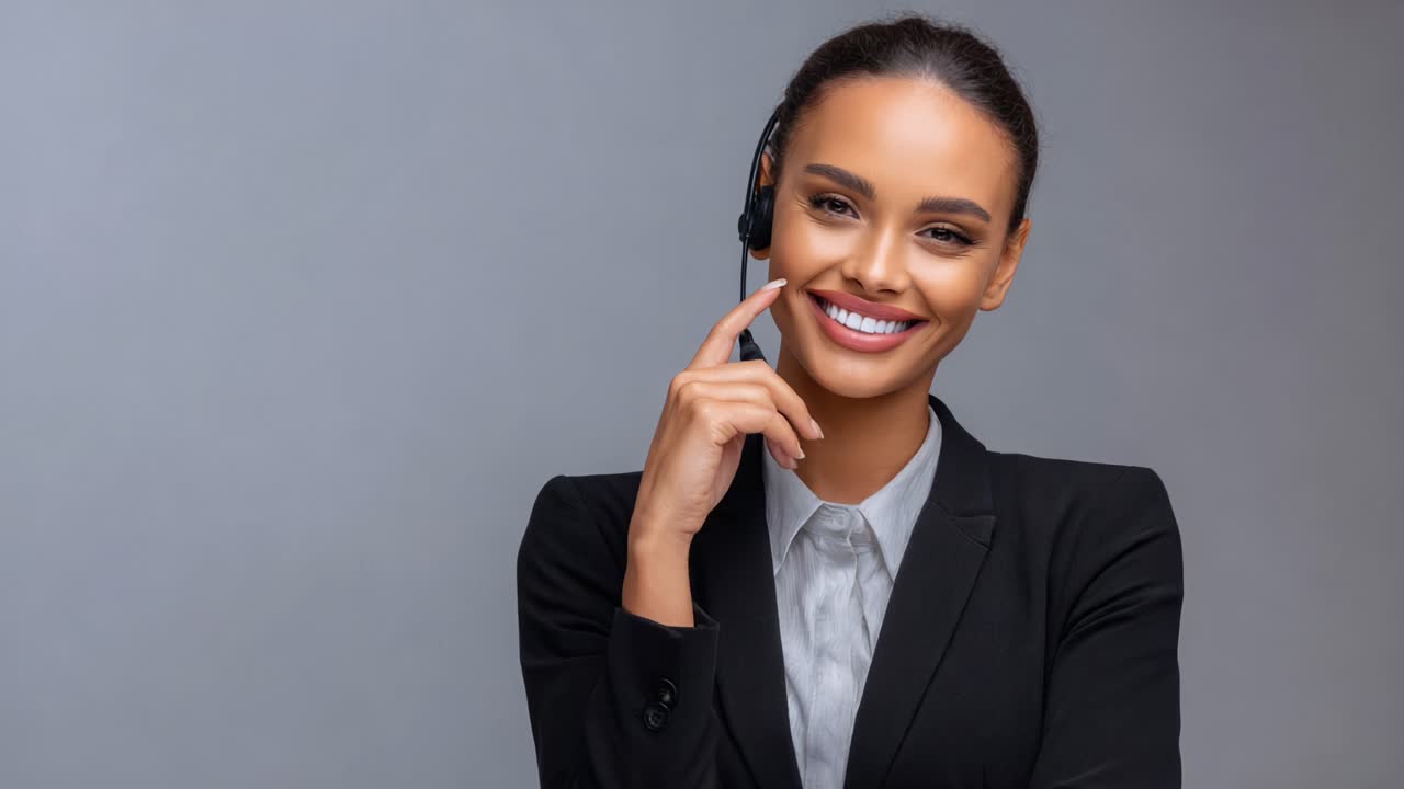 Confident and Professional Woman in Headset Smiling at the Camera in a Business Setting, Showcasing a Friendly and Engaging Personality in Corporate Environment