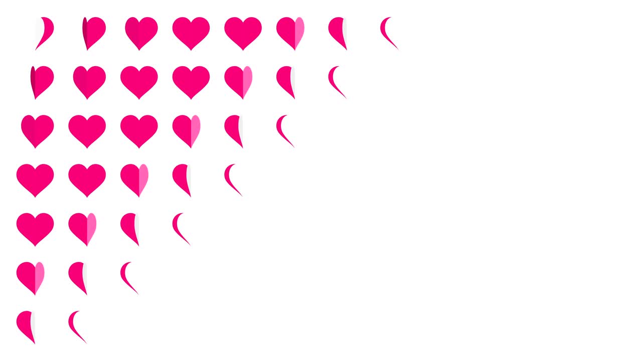 Animazione in loop 4K: simbolo cuore rosa, motivo, effetto sfoglio di carta su sfondo bianco