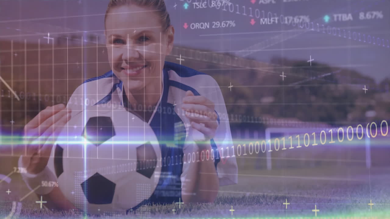 Holding soccer ball, woman with digital data overlay on field, animation visible