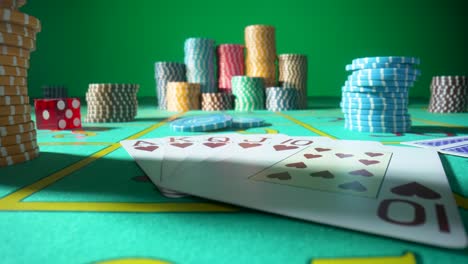 casino game table with chips, cards, and dice