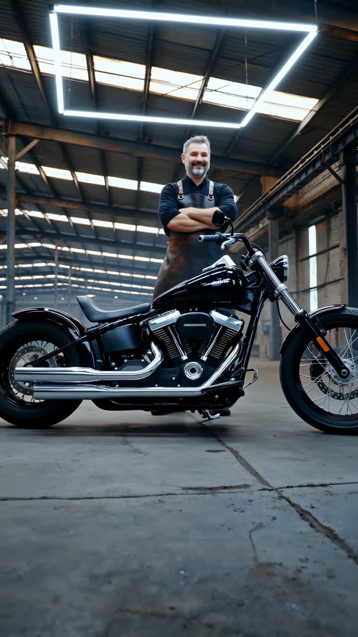 Uomo con grembiule di pelle in posa con una moto custom nera in un ambiente industriale