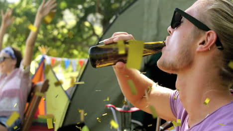 wearing sunglasses, person drinking from bottle with animation of confetti falling