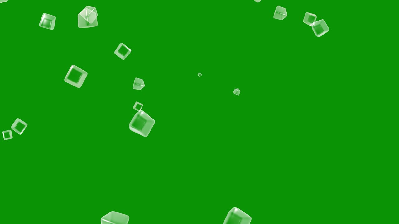 녹색 화면 배경으로 투명한 큐브가 떨어지는 모션 그래픽