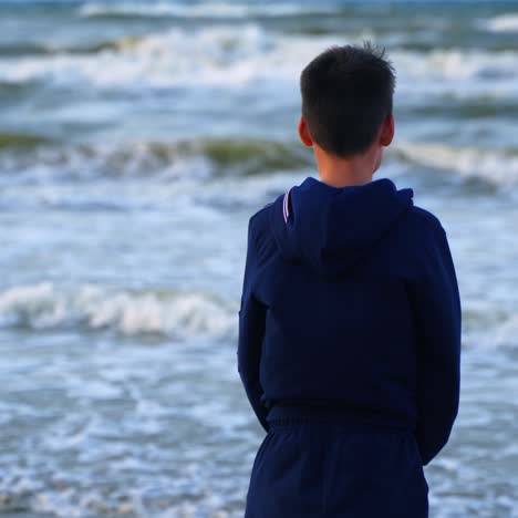 back view of a boy near the blue sea. teenage boy standing on the beach and looking on the sea water. child dreaming on the ocean shore.