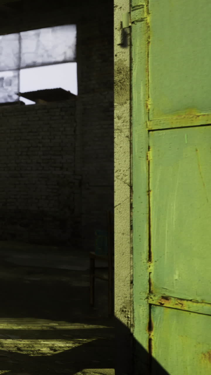 Vecchia porta verde che si apre su un magazzino poco illuminato in un contesto urbano
