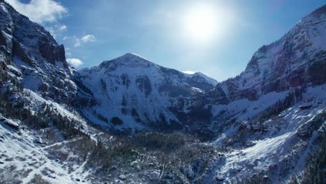 Drone-aerial-view-of-Black-Bear-Pass-in-the-winter-on-a-bright-day