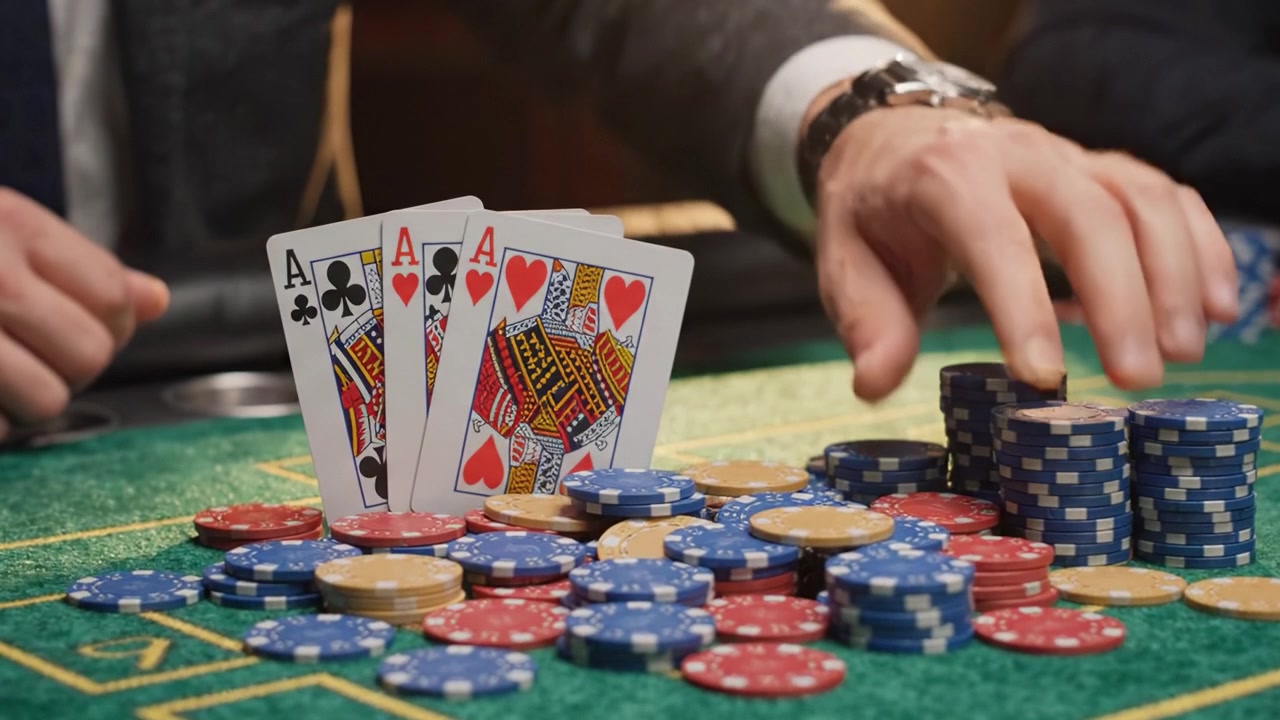 Momenti intensi di una partita a carte: i giocatori manovrano strategicamente le fiches mentre rivelano mani vincenti in un entusiasmante ambiente da casinò.