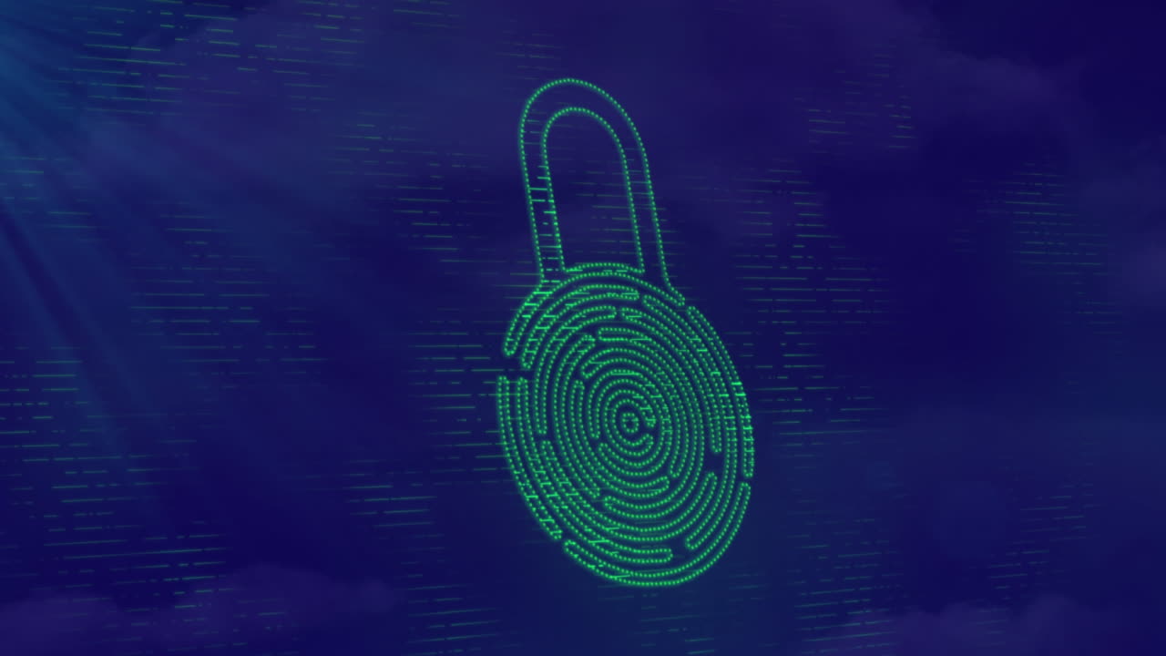 Animation of padlock with fingerprint pattern and sun rays over blue abstract background