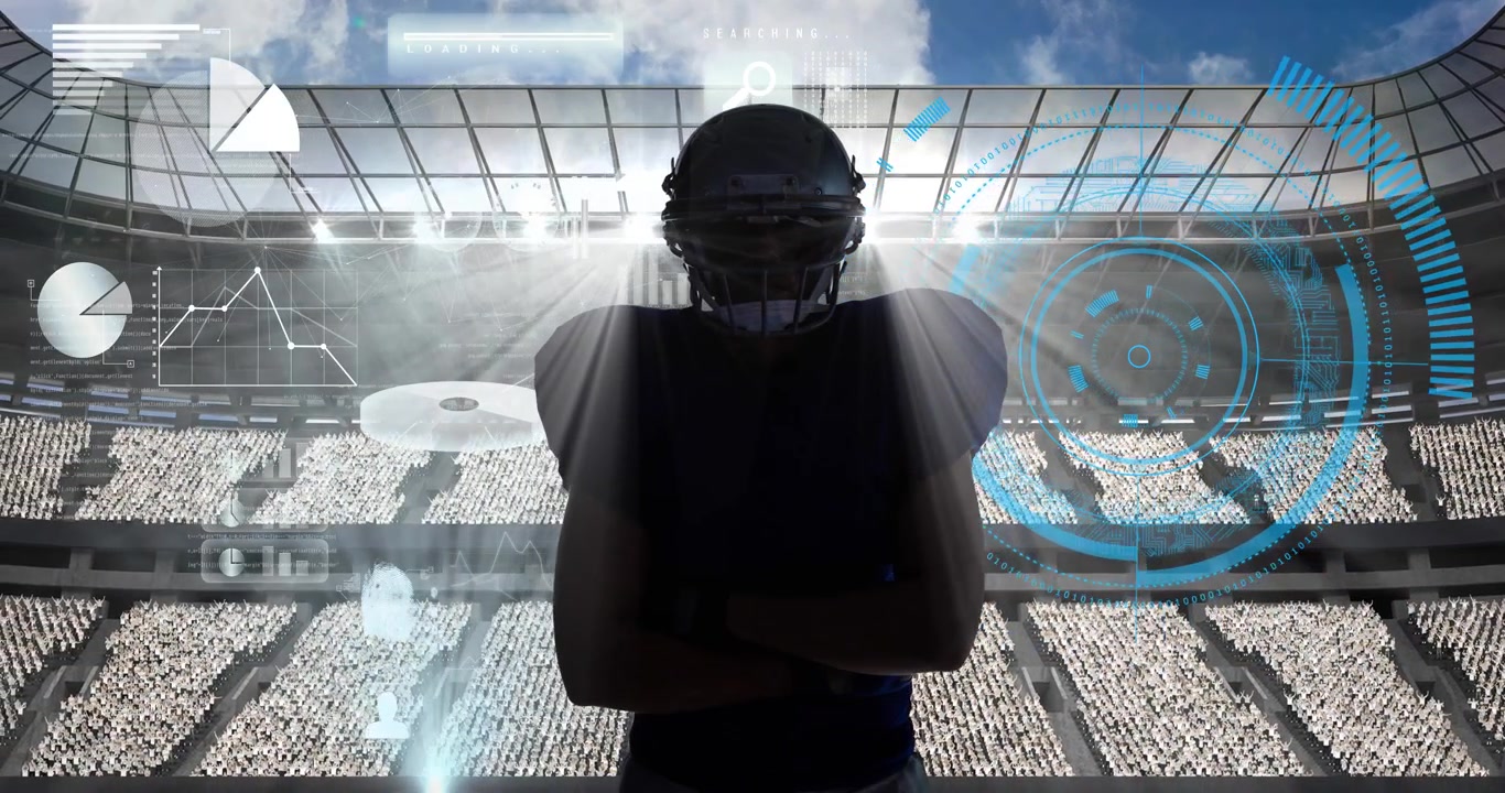 Animation of scope scanning over american football player and empty stands in sports stadium