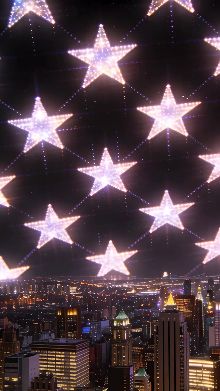Video verticale: Telecamera che si muove verso il basso dopo l'inquadratura iniziale, mostrando una rete di stelle e uno skyline illuminato di notte