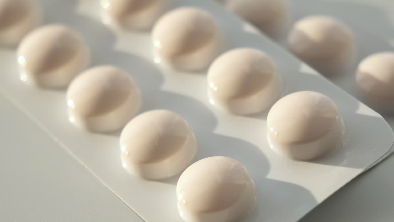 테이블 위에 있는 블리스터 패키지의 약을 닫습니다.