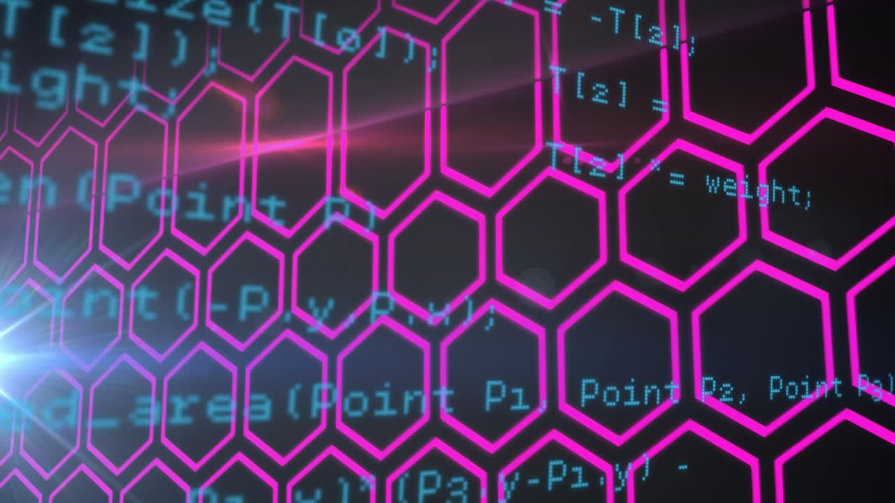검은 바탕의 데이터 처리에 대항하여 육각형 모양과 빛의 점의 디지털 애니메이션