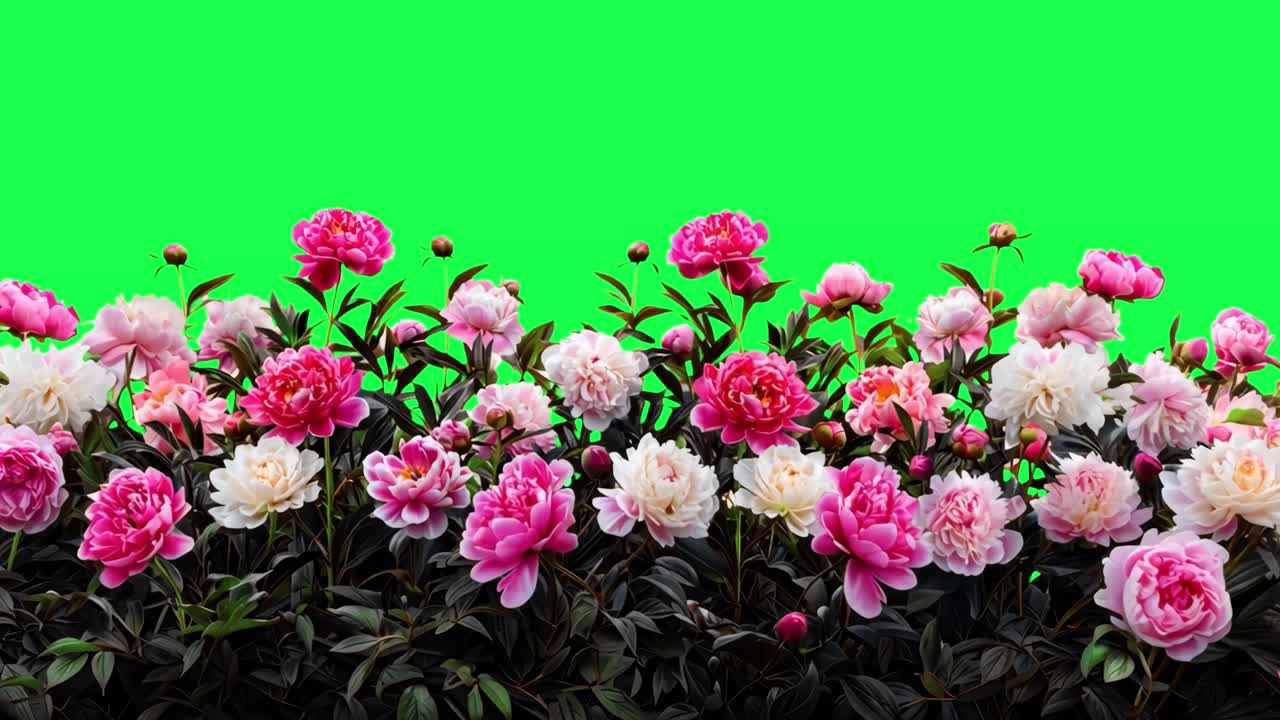 Animación de peonías vibrantes, vídeo en 4K transparente, pantalla verde