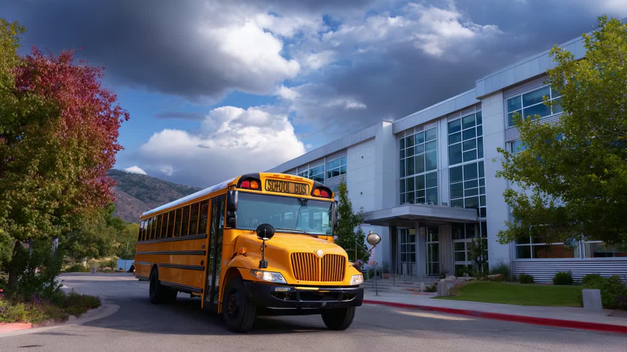 Un autobus scolastico giallo brillante percorre un percorso panoramico di fronte a un moderno edificio scolastico sotto un cielo nuvoloso spettacolare, a simboleggiare il trasporto scolastico