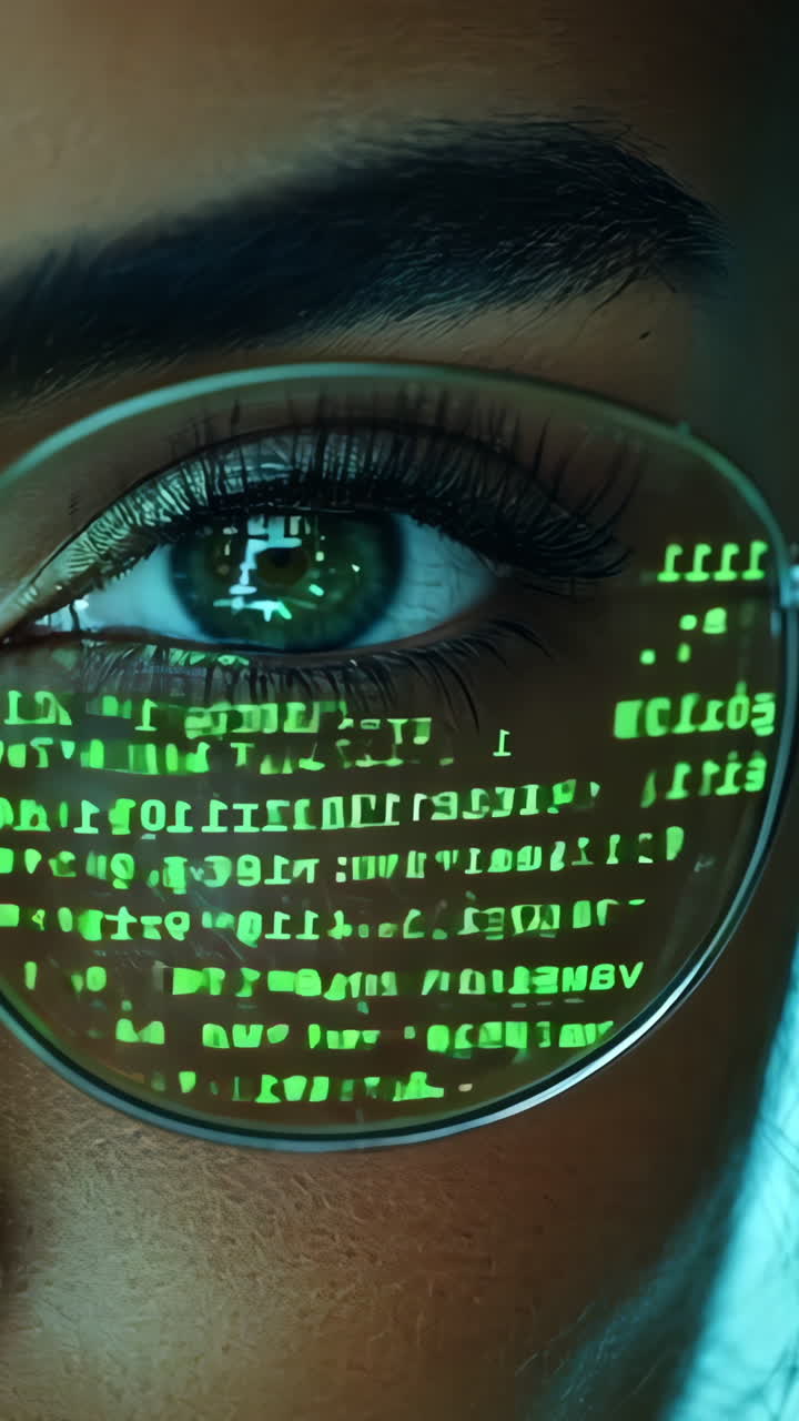 A woman with green glasses and a green background. The glasses are made of a material that is not visible