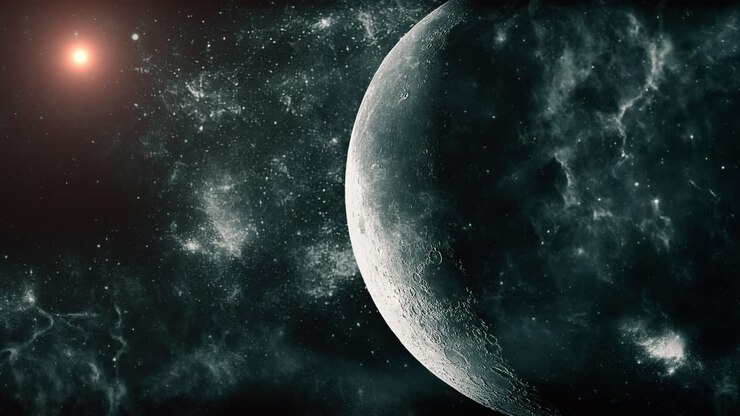 uma lua cinematográfica cercada por nuvens e poeira do espaço sideral