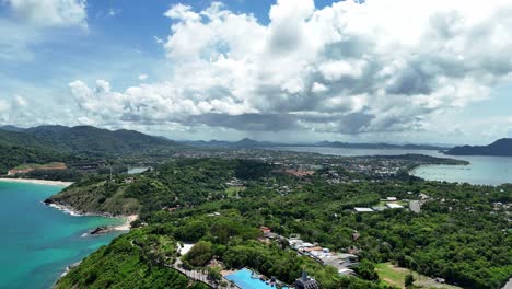 aerial view of a tropical island beach and town