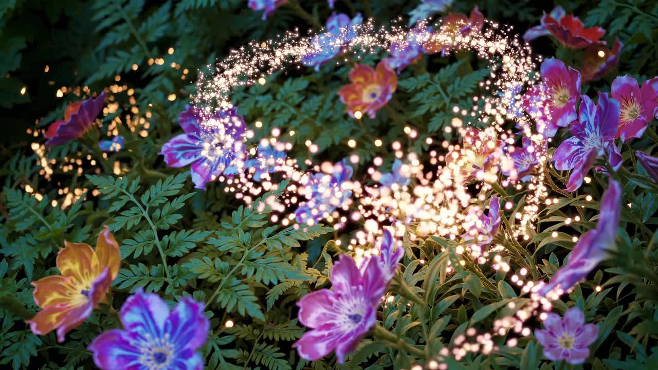 Aerial view of vibrant flowers with a magical, sparkling circle effect
