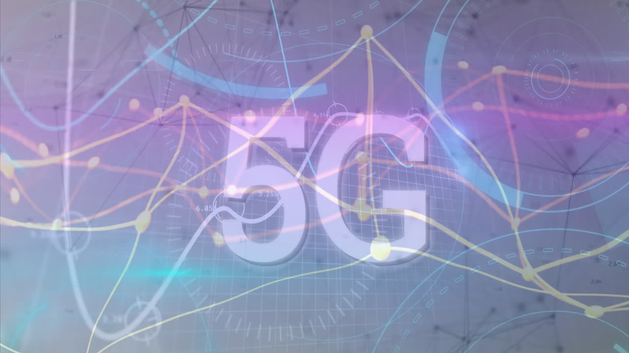 5G text with colorful network connections and data processing animation