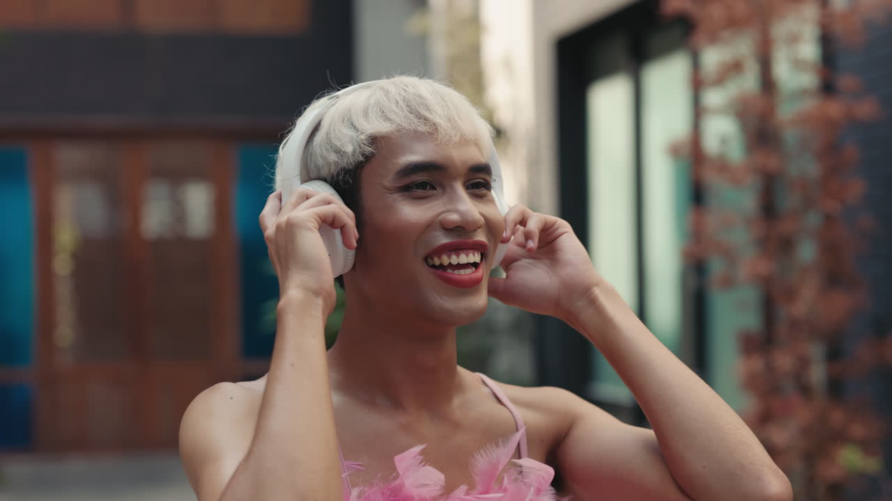 Happy Person Listening to Music Outdoors