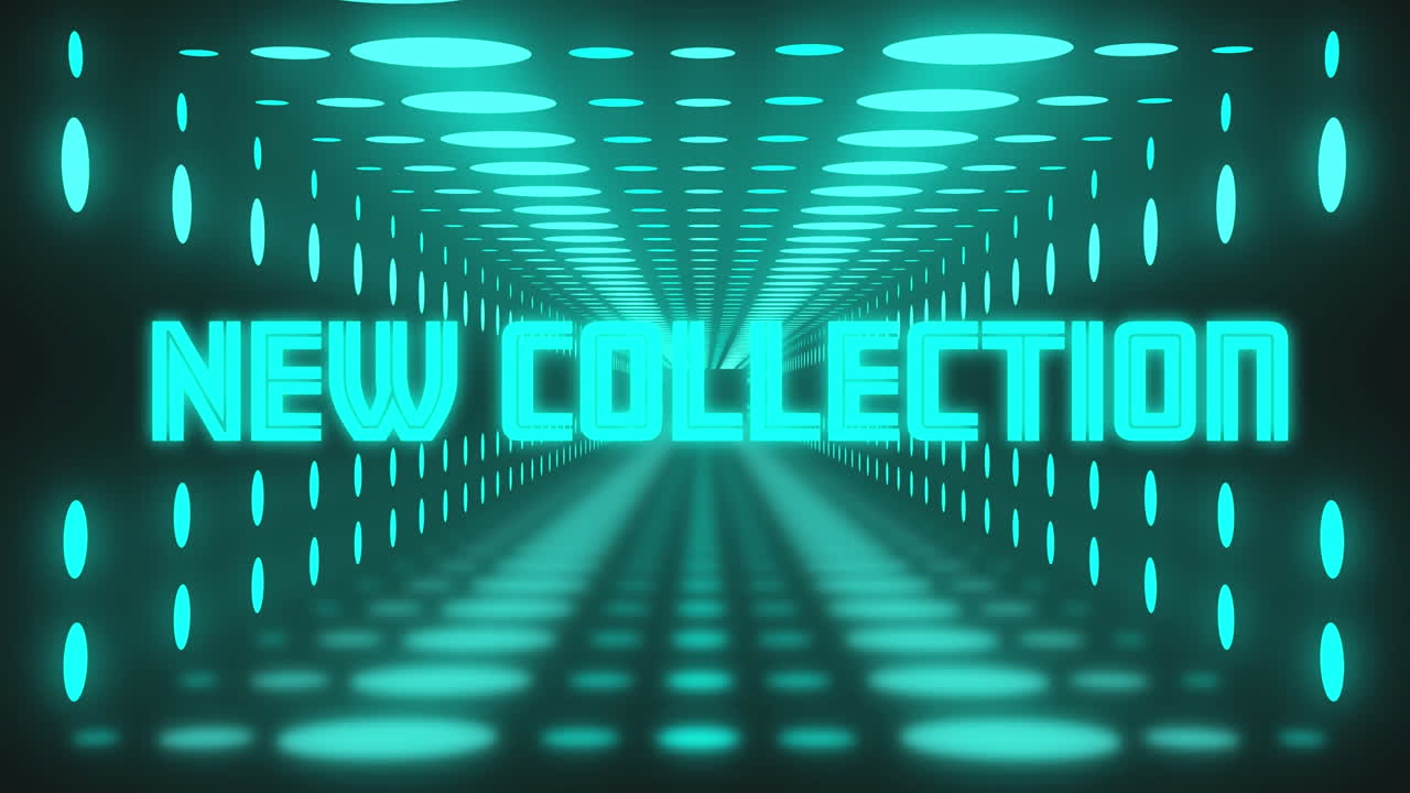 새로운 컬렉션의 애니메이션 검은 바탕에 밝은 반점 위의 텍스트