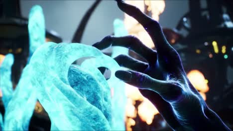 an ethereal hand interacts with a glowing, fluid-like entity, showcasing intricate details of energy manipulation and mystical artistry in a surreal, futuristic environment
