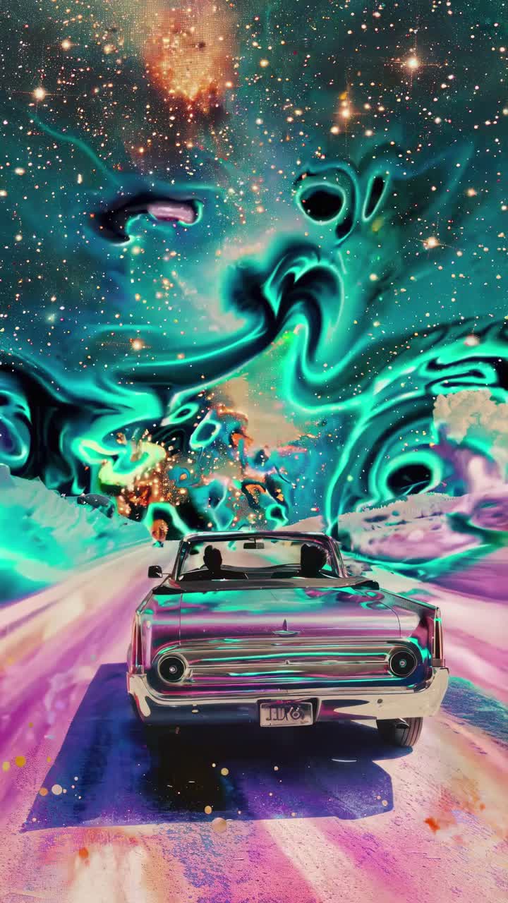 Surreal video concept with a rear-view angle of a classic car driving into a cosmic