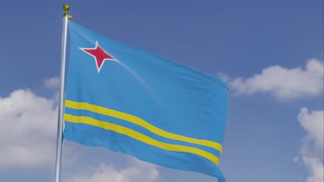 flag of aruba moving in the wind with a clear blue sky in the background, clouds slowly moving, flagpole, slow motion