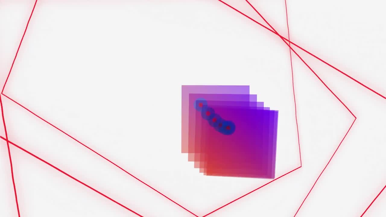 cuadrado púrpura y naranja con senderos sobre líneas rojas en movimiento sobre fondo blanco