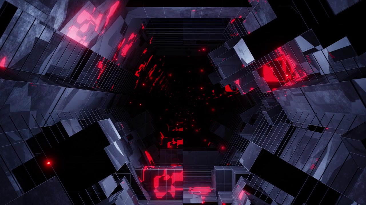 Abstract Sci-Fi Tunnel with Glowing Red Metallic Geometry