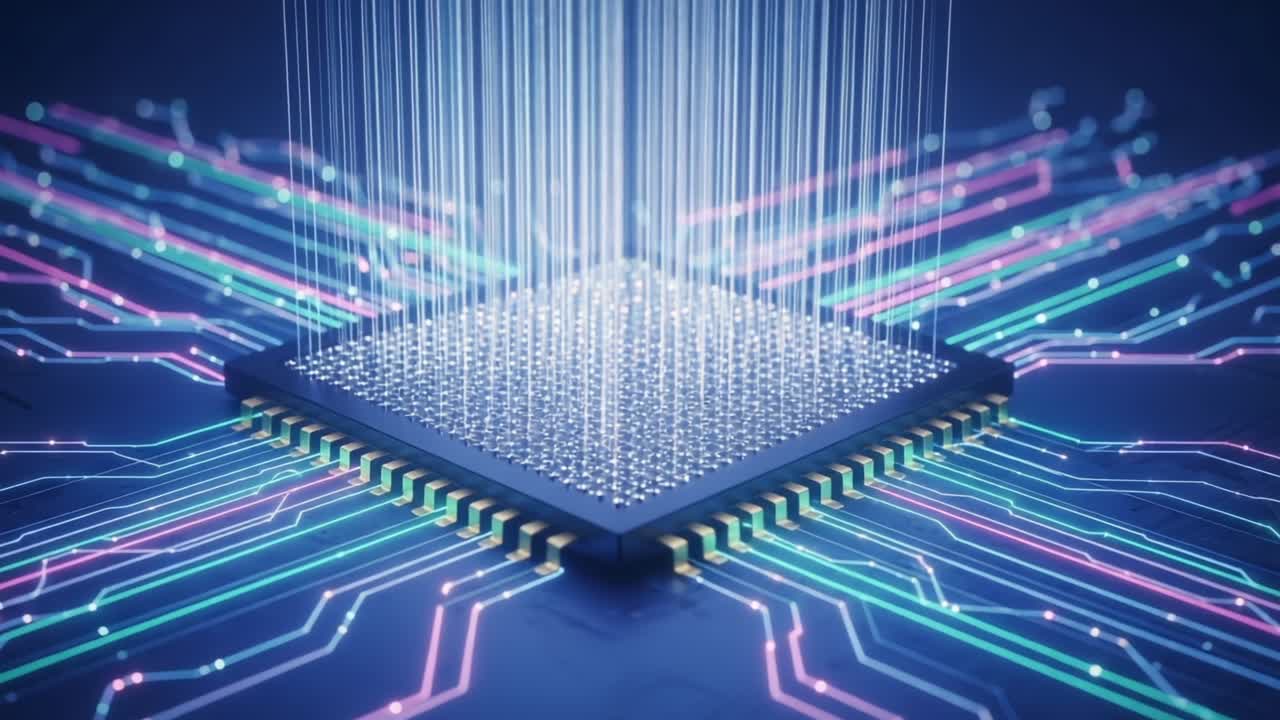 A Stunning Visualization of Advanced Technology: A Microprocessor Surrounded by Vibrant Data Streams and Circuitry Representing the Future of Computing
