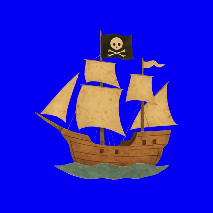 Navio Pirata Animado Navegando em Fundo Azul