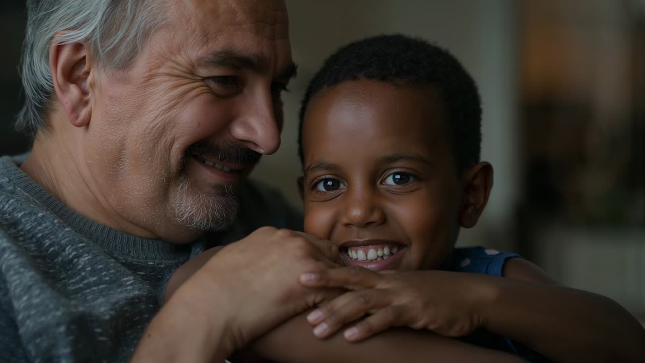 Uomo anziano sorridente che si china, stringendo un bambino in casa, maglione grigio, top blu, che mostra affetto