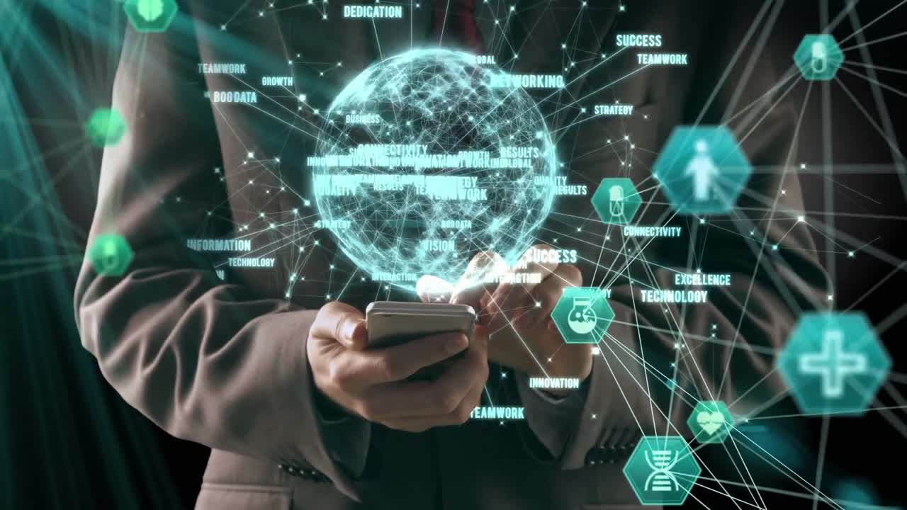 Globe of network of connections against mid section of man using smartphone