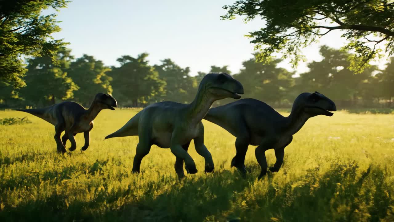 Gallimimus Dinosaurs Running in a Grassy Field