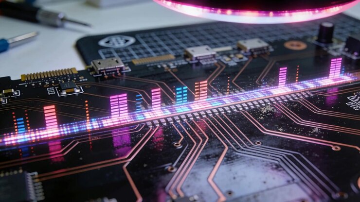 Activating inspection lens illuminating PCB on repair mat for inspection, showing pulsing bars