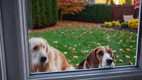 two dogs looking through a window from a backyard