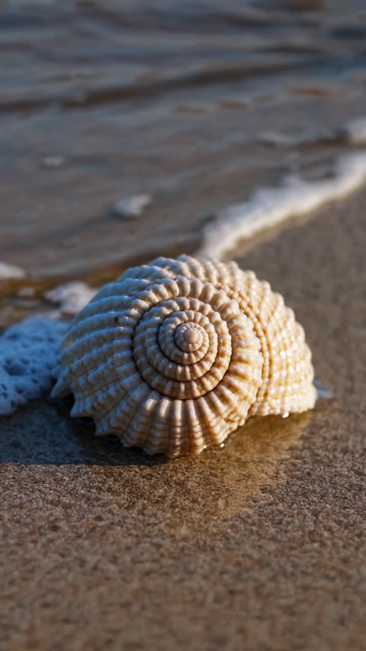 Close-up video angle of a seashell on wet sand, capturing intricate details and texture, with gentle