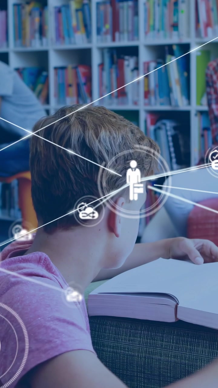 Vertical video: Boy in pink tee leaning toward book sparking HUD nodes and linking lines for study