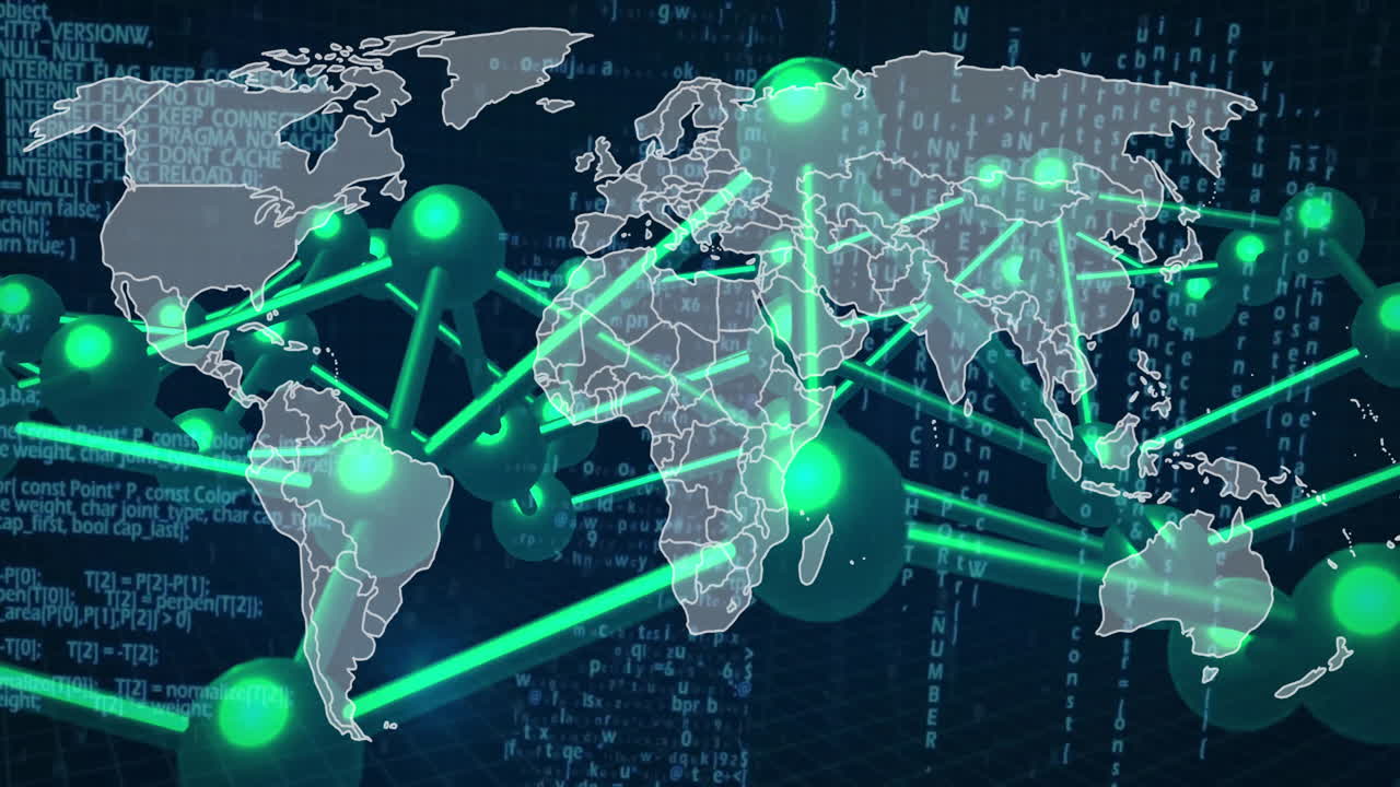 글로벌 네트워크 연결 및 세계 지도에 대한 데이터 전송 애니메이션