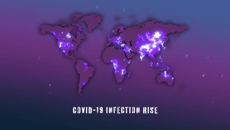 animation of the words covid-19 infection rise written over world map, coronavirus covid 19 spreadin