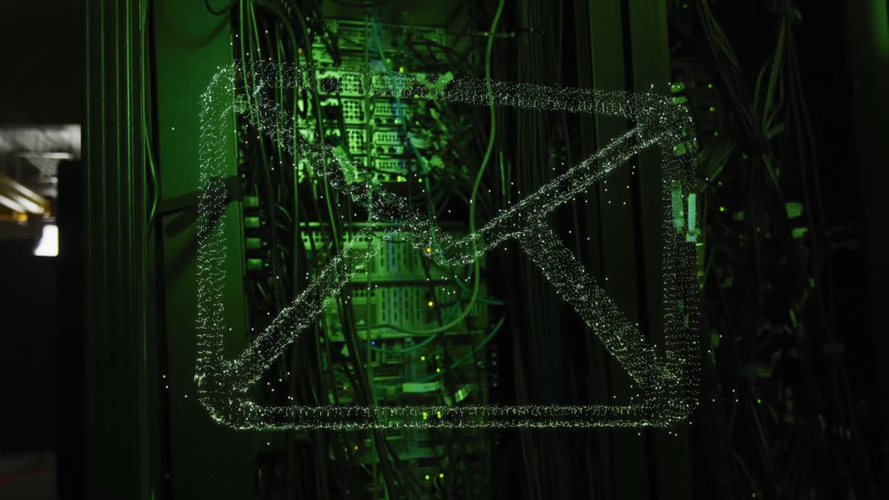 animación de conexiones con iconos y procesamiento de datos a través de servidores informáticos