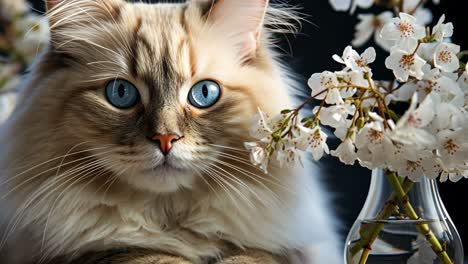 fluffy cat with striking blue eyes resting near cherry blossom vase