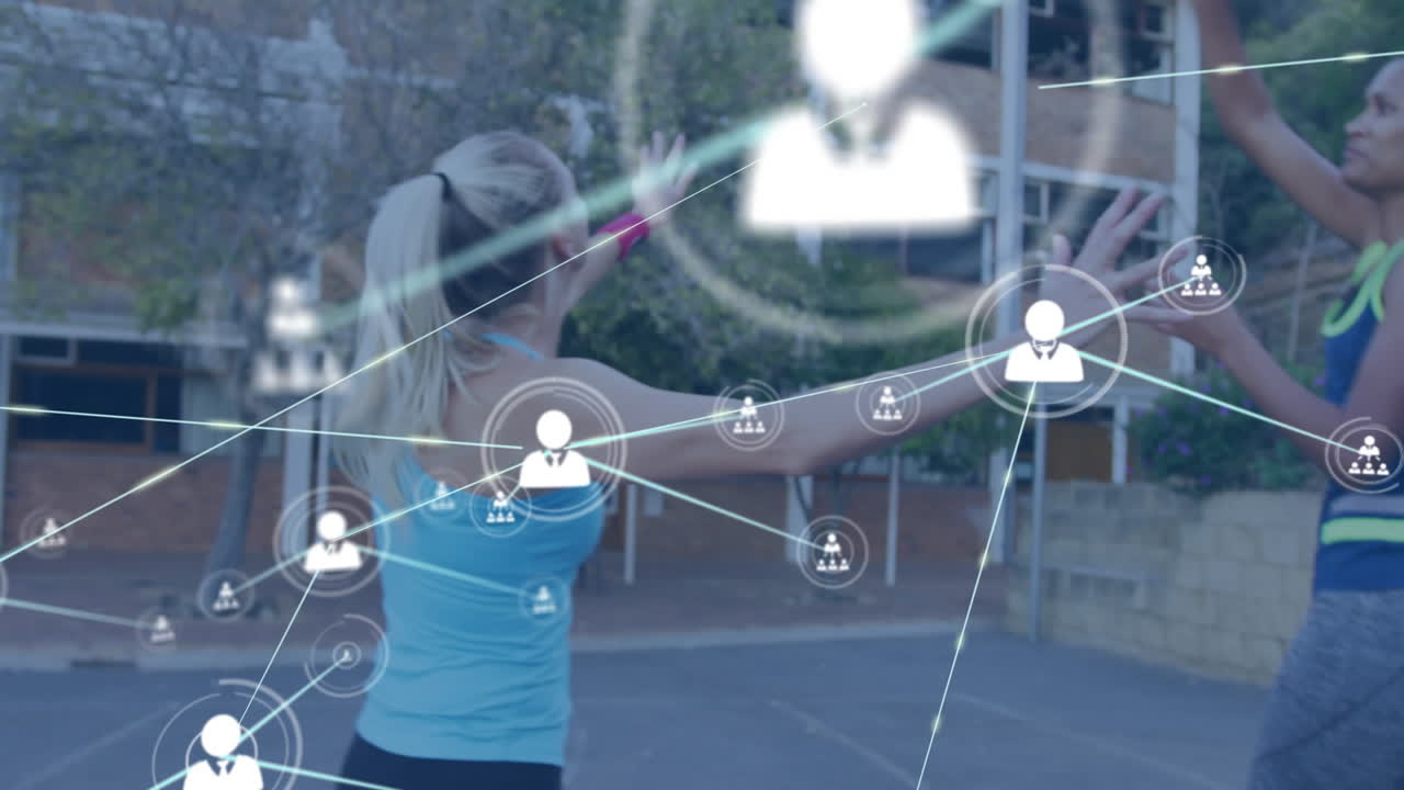 animación de redes de conexiones sobre jugadoras de baloncesto